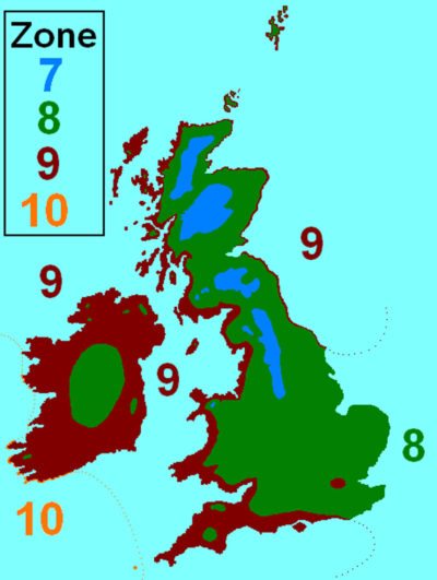 Map of the UK's USDA hardiness zones