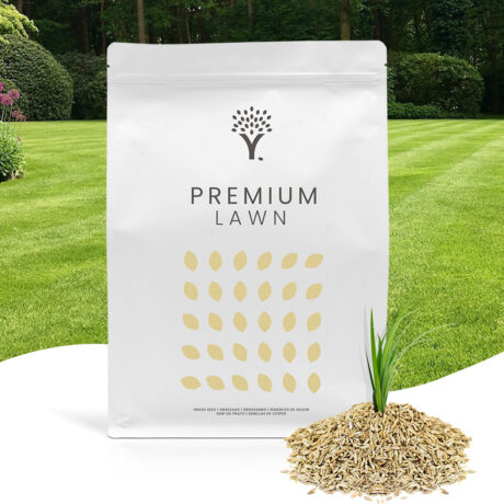 Front image of the Premium Lawn Grass Seed product pouch with grass seed in front of the pouch