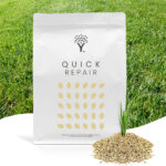 Front image of the Quick Repair Grass Seed product pouch with grass seed in front of the pouch