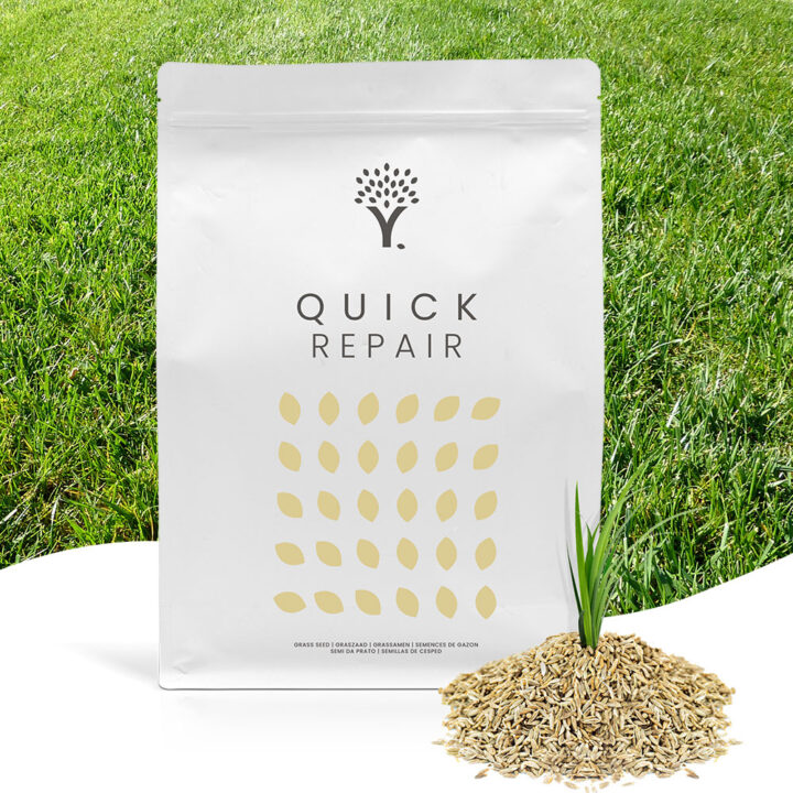 Front image of the Quick Repair Grass Seed product pouch with grass seed in front of the pouch