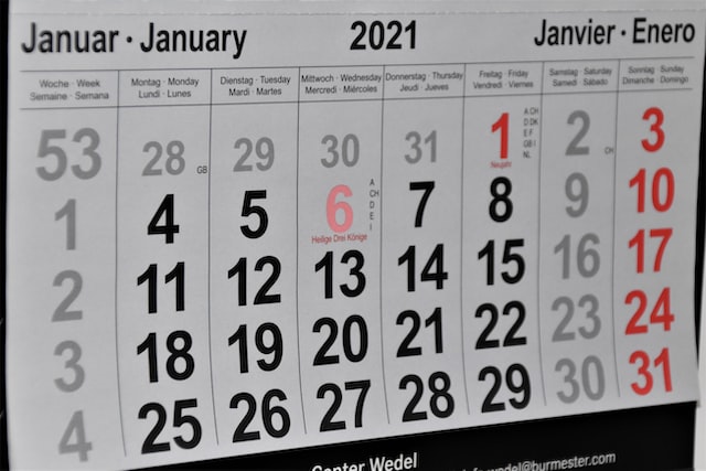 Calendar showing Jan 2021